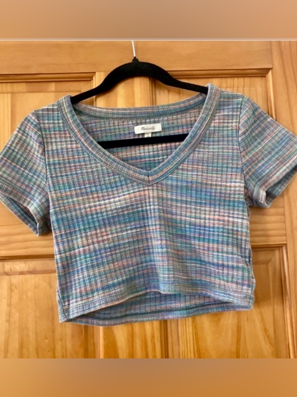 Madewell Ribbed Crop Top Pastel Stripe V Neck Baby Tee Soft Girl Y2K M